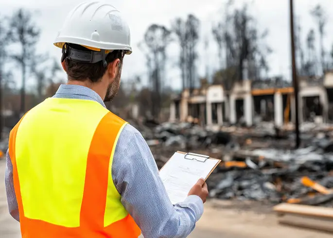 Engineer assessing fire damage, taking notes on clipboard, burnt building in the background springfield il