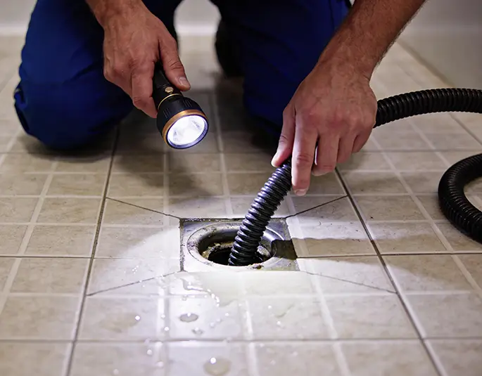 person in blue overalls kneels on a tiled floor, using a flashlight to illuminate a clogged floor drain while inserting a flexible hose or drain snake springfield il