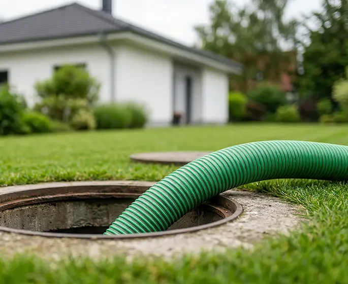 uncovered manhole reveals a green suction hose involved in effective sewer maintenance, pump operation, and liquid waste removal springfield il