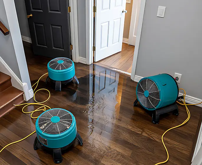 Water damage restoration equipment drying hardwood floor inside modern residential home interior springfield il