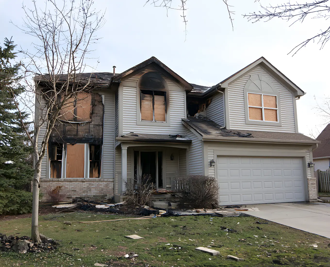 Two-story home with extensive exterior fire damage and boarded windows in Springfield, IL.