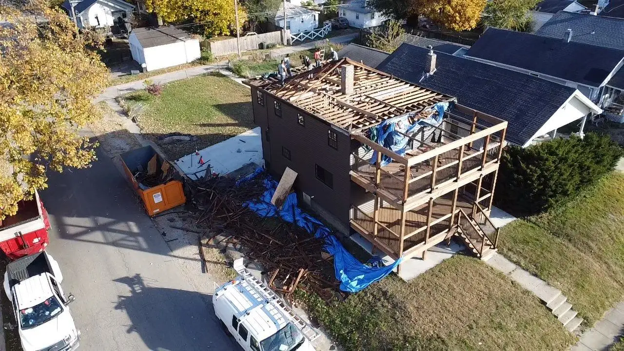 Aerial view of roof demolition in progress during major residential home renovation in Springfield, IL