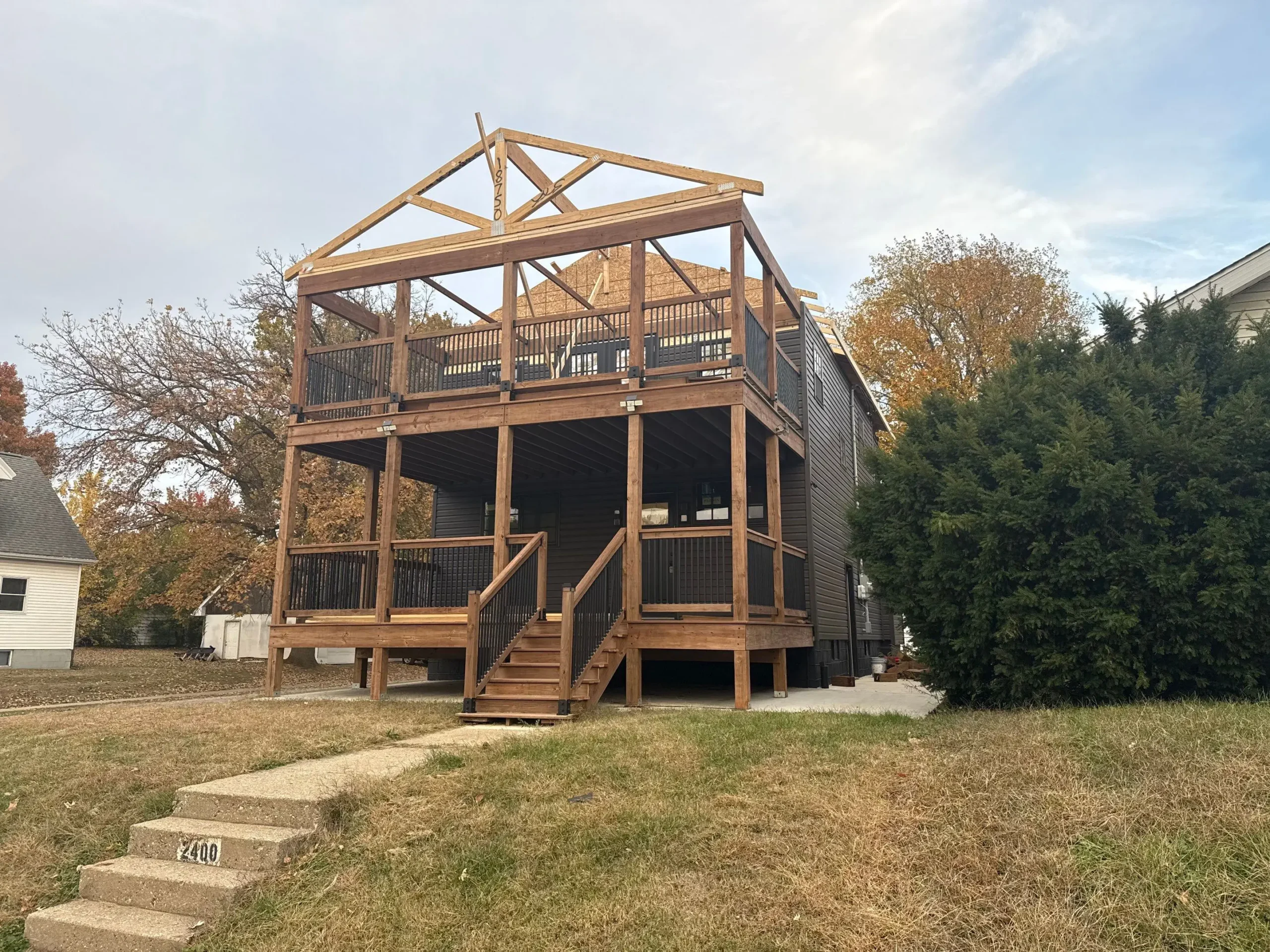 New front gable framing constructed as part of custom home renovation in Springfield, IL