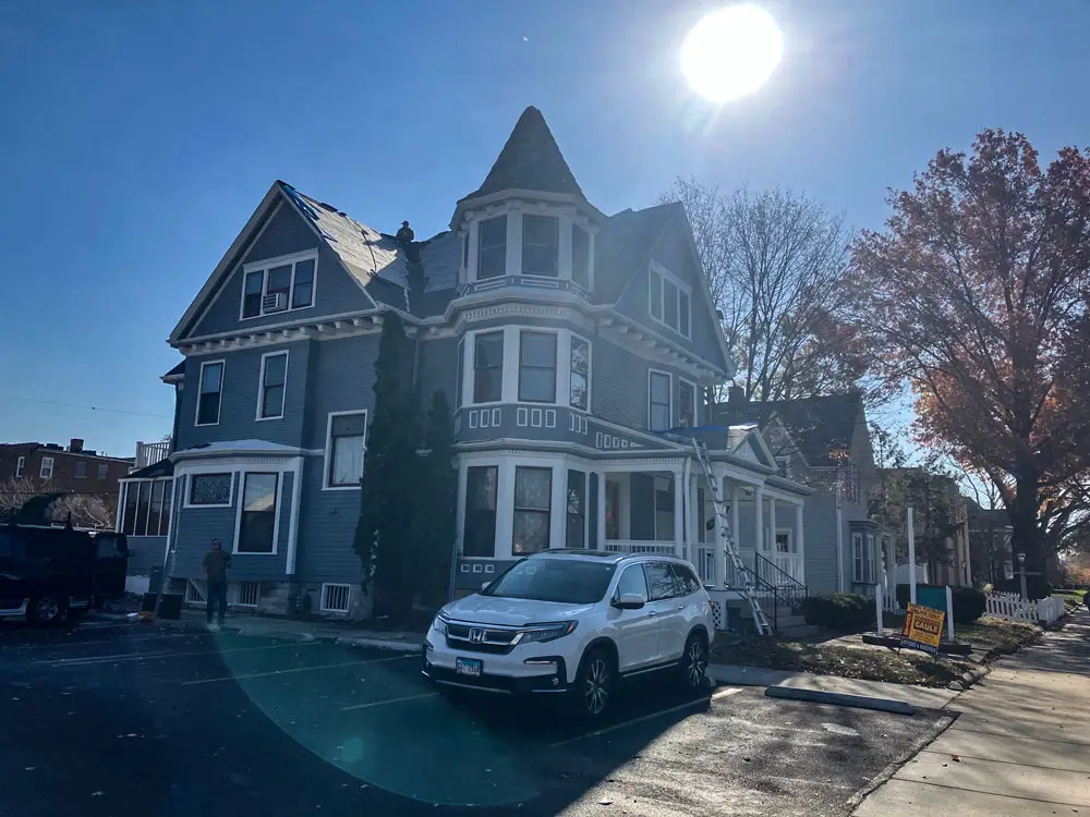 Historic Victorian commercial building during roofing renovation in Springfield, IL