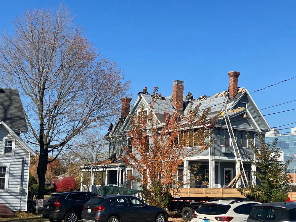 Historic commercial building during roof replacement project in Springfield, IL